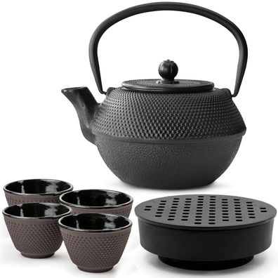 Bredemeijer Gusseisen Teekannen Set 1,1 L schwarz Teewärmer mit 4 Bechern lila