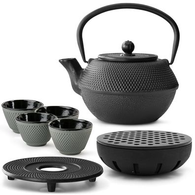 Bredemeijer Teeset 1,1 L Gusseisen schwarz 4 Becher grün Untersetzer & Teewärmer