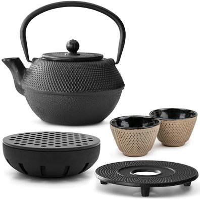 Bredemeijer Teeset 1,1 L Gusseisen schwarz 2 Becher sand Untersetzer & Teewärmer