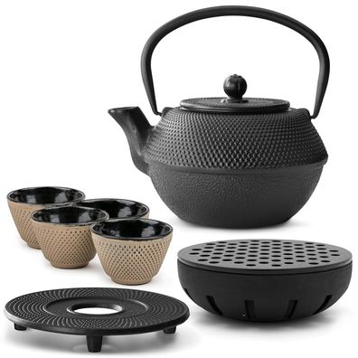 Bredemeijer Teeset 1,1 L Gusseisen schwarz 4 Becher sand Untersetzer & Teewärmer