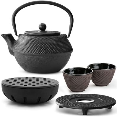 Bredemeijer Teeset 1,1 L Gusseisen schwarz 2 Becher lila Untersetzer & Teewärmer