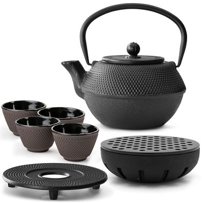 Bredemeijer Teeset 1,1 L Gusseisen schwarz 4 Becher lila Untersetzer & Teewärmer