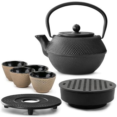 Bredemeijer Gusseisen Teeset 1,1 L schwarz Teewärmer Untersetzer & 4 Becher sand