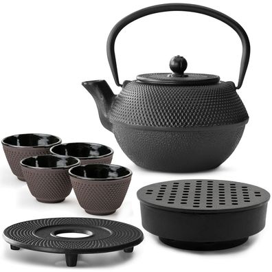 Bredemeijer Gusseisen Teeset 1,1 L schwarz Teewärmer Untersetzer & 4 Becher lila