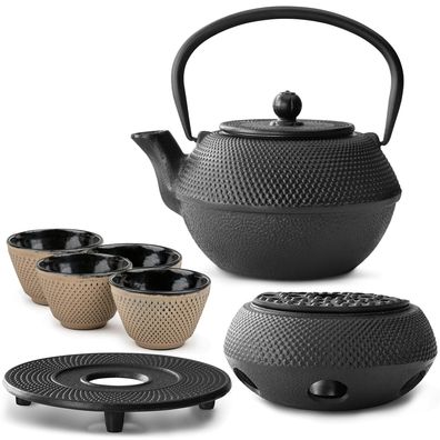 Bredemeijer Teeset 1,1 L Gusseisen schwarz 4 Teebecher sand Untersetzer Stövchen