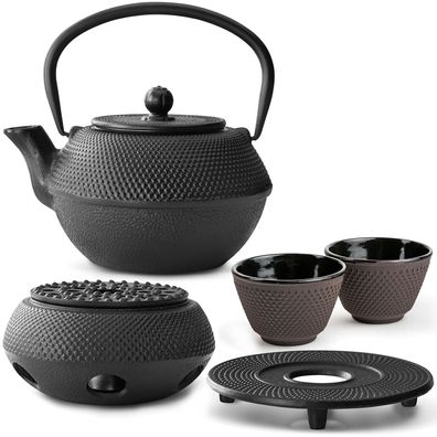 Bredemeijer Teeset 1,1 L Gusseisen schwarz 2 Teebecher lila Untersetzer Stövchen