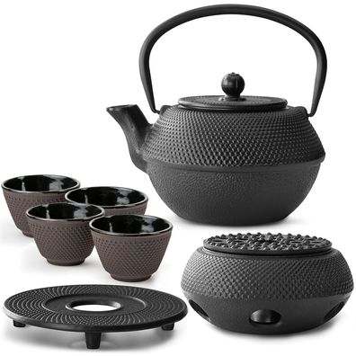 Bredemeijer Teeset 1,1 L Gusseisen schwarz 4 Teebecher lila Untersetzer Stövchen