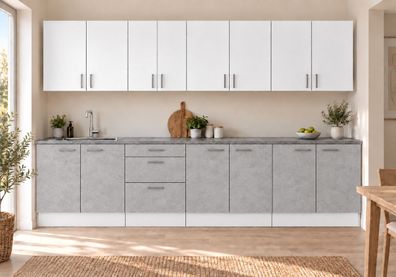 Küchenzeile 300 cm Betonoptik Weiß Matt 8 Schränke mit/ohne Arbeitsplatte