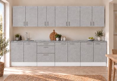 Küchenzeile 300 cm Betonoptik 8 Schränke 3 Schubladen mit/ohne Arbeitsplatte