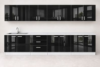 Küchenzeile 300 cm Schwarz Hochglanz 8 Schränke mit/ohne Arbeitsplatte