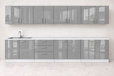 Küchenzeile 300 cm Grau Hochglanz 8 Schränke mit/ohne Arbeitsplatte