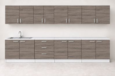 Küchenzeile 300 cm Sonoma Dunkel 8 Schränke mit/ohne Arbeitsplatte
