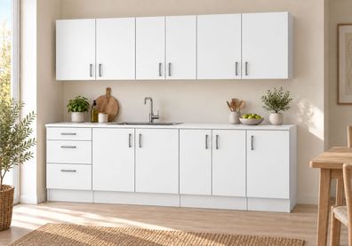 Küchenzeile 220 cm Weiß Matt 7 Schränke 3 Schubladen mit/ohne Arbeitsplatte