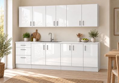 Küchenzeile 220 cm Weiß Hochglanz 7 Schränke mit/ohne Arbeitsplatte