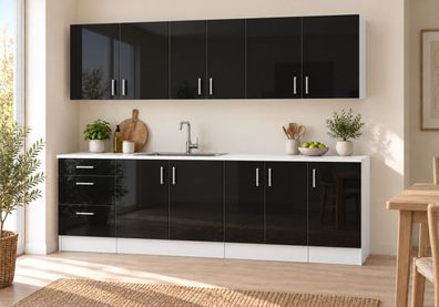 Küchenzeile 220 cm Schwarz Hochglanz 7 Schränke mit/ohne Arbeitsplatte