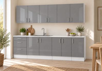 Küchenzeile 220 cm Grau Hochglanz 7 Schränke mit/ohne Arbeitsplatte