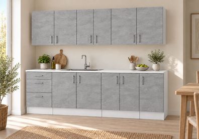 Küchenzeile 220 cm Betonoptik 7 Schränke 3 Schubladen mit/ohne Arbeitsplatte