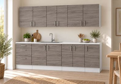 Küchenzeile 220 cm Sonoma Dunkel 7 Schränke mit/ohne Arbeitsplatte