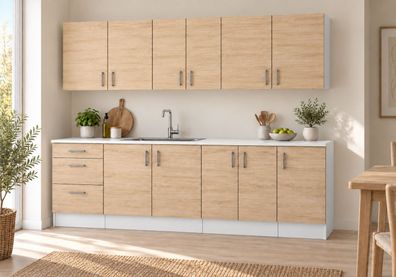 Küchenzeile 220 cm Sonoma Hell 7 Schränke mit/ohne Arbeitsplatte