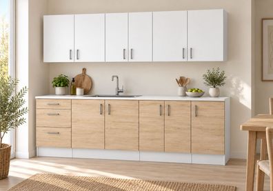 Küchenzeile 220 cm Sonoma Hell Weiß Matt 7 Schränke mit/ohne Arbeitsplatte