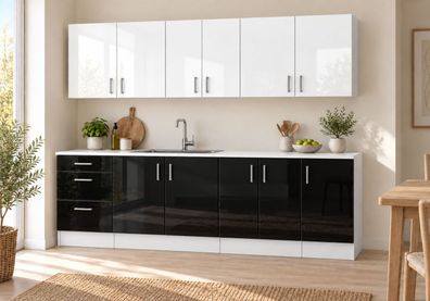 Küchenzeile 220 cm Schwarz Weiß Hochglanz 7 Schränke mit/ohne Arbeitsplatte