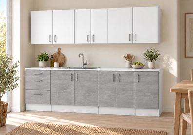 Küchenzeile 220 cm Betonoptik Weiß Matt 7 Schränke mit/ohne Arbeitsplatte