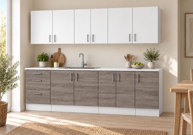 Küchenzeile 220 cm Sonoma Dunkel Weiß Matt 7 Schränke mit/ohne Arbeitsplatte