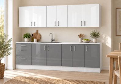 Küchenzeile 220 cm Grau Weiß Hochglanz 7 Schränke mit/ohne Arbeitsplatte