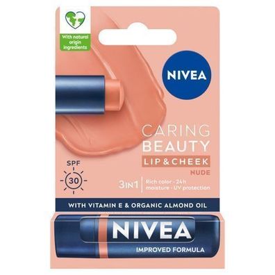Nivea Lippenbalsam 3-in-1 Nude, 4.8 g - Feuchtigkeitsspender für zarte, geschmei