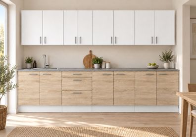 Küchenzeile 300 cm Sonoma Eiche Weiß Matt 9 Schränke mit/ohne Arbeitsplatte