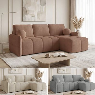 Ecksofa NUBO mit Schlaffunktion und Bettkasten - Bouclé-Stoff - Polstersofa Couch