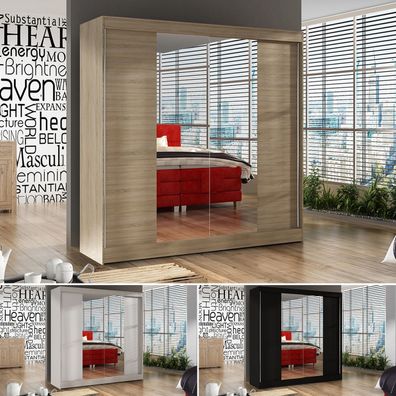 Schwebetürenschrank Basti II 200 cm mit Spiegel - Kleiderschrank, Schiebetürenschrank