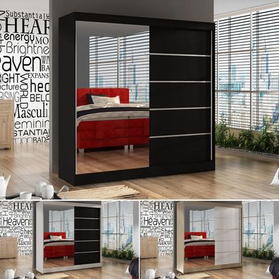 Schwebetürenschrank Basti III 200 cm + Spiegel - Kleiderschrank, Schiebetürenschrank