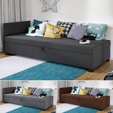Sofa Misti II - Einzelbett, Schlafsofa mit Bettkasten, Bett für Jugendzimmer, Kissen