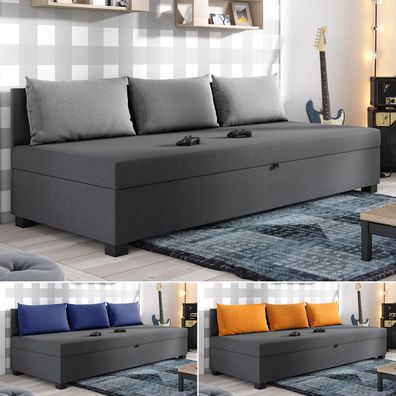 Sofa Misti III - Einzelbett, Schlafsofa mit Bettkasten, Bett für Jugendzimmer, Kissen