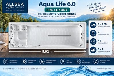 Allsea OASIS Aqua Life 6.0 Pro Luxury – 5,92 * 2,35 m Swim Spa mit 3 × 3 PS