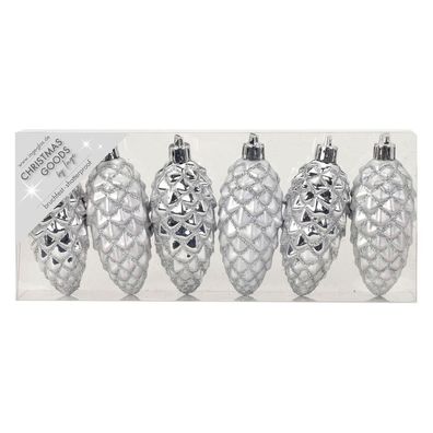 Kunststoff Zapfen 6 Stk 9cm Inge-Glas - Farbe: Silber Mix