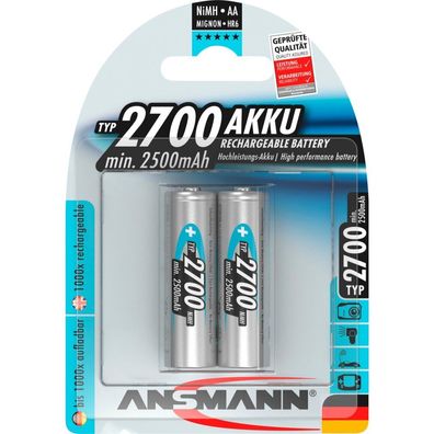 1x2 Ansmann Akku 2700 Mignon AA 2500 mAh