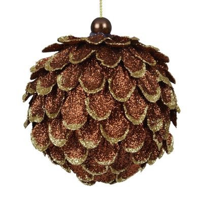 Weihnachtsanhänger Kienapfel braun & goldfarben Ø 8 cm beglittert - Kunststoff