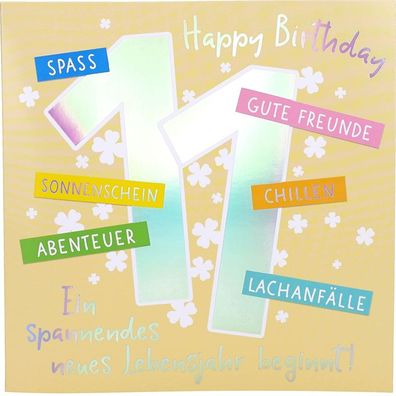 Zahlenkarte zum 11. Geburtstag mit Musik, veredelte Klappkarte mit originellem Innen