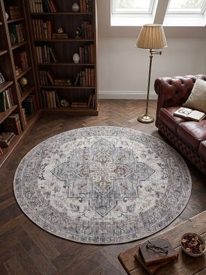 Orientteppich Vernante Kurzflor waschbar Medaillon kantig Beige-Grau 240 x 340 cm
