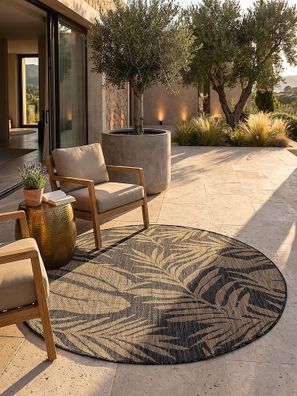 Teppich Vigoleno Outdoor Blattmotiv Boho botanisch Schwarz-Beige 80 x 250 cm