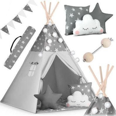 Nukido Tipi-Zelt für Kinder mit Girlande und Lichterkette - grau mit Sternen