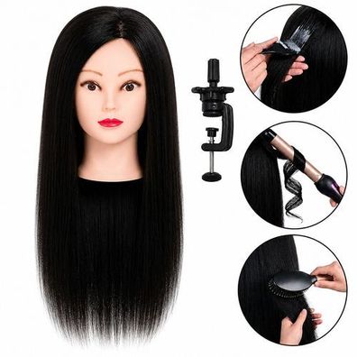 Frisörkopf Ela 55 cm Black - Übungskopf aus Echthaar mit Tischhalterung zum Frisieren