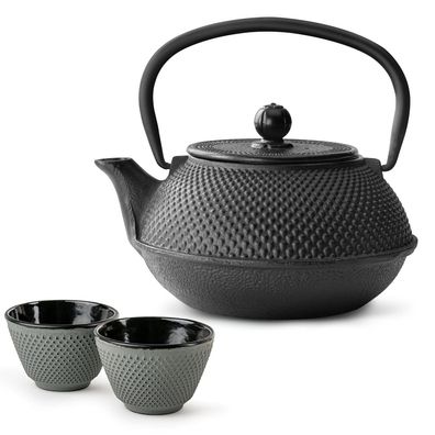 Bredemeijer Asia Teekannen Set 0,8 Liter Gusseisen schwarz mit 2 Teebechern grün