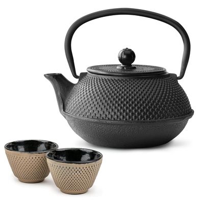 Bredemeijer Asia Teekannen Set 0,8 Liter Gusseisen schwarz mit 2 Teebechern sand