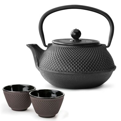Bredemeijer Asia Teekannen Set 0,8 Liter Gusseisen schwarz mit 2 Teebechern lila