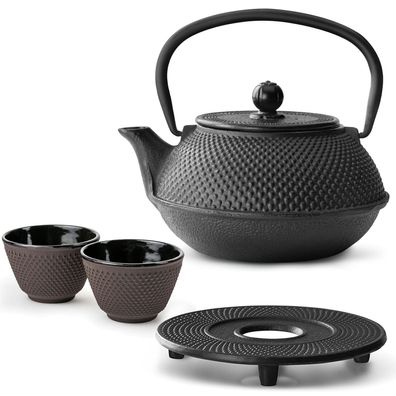 Bredemeijer Teekannen Set 0,8 L Gusseisen schwarz 2 Teebecher lila Untersetzer