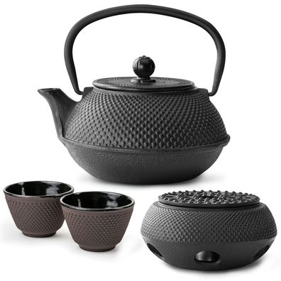 Bredemeijer Teekannen Set 0,8 L Gusseisen schwarz 2 Teebecher lila mit Stövchen