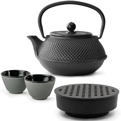 Bredemeijer Gusseisen Teekannen Set 0,8 L schwarz Teewärmer mit 2 Bechern grün